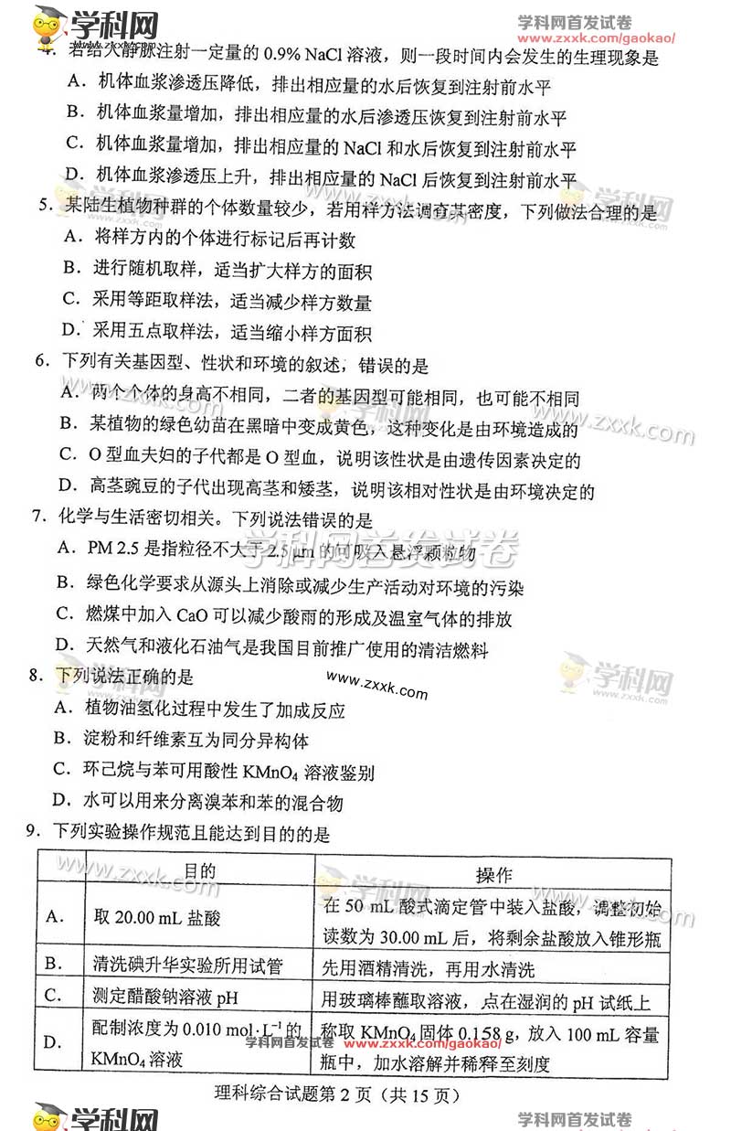 2017年全國卷Ⅲ高考理綜試題及答案