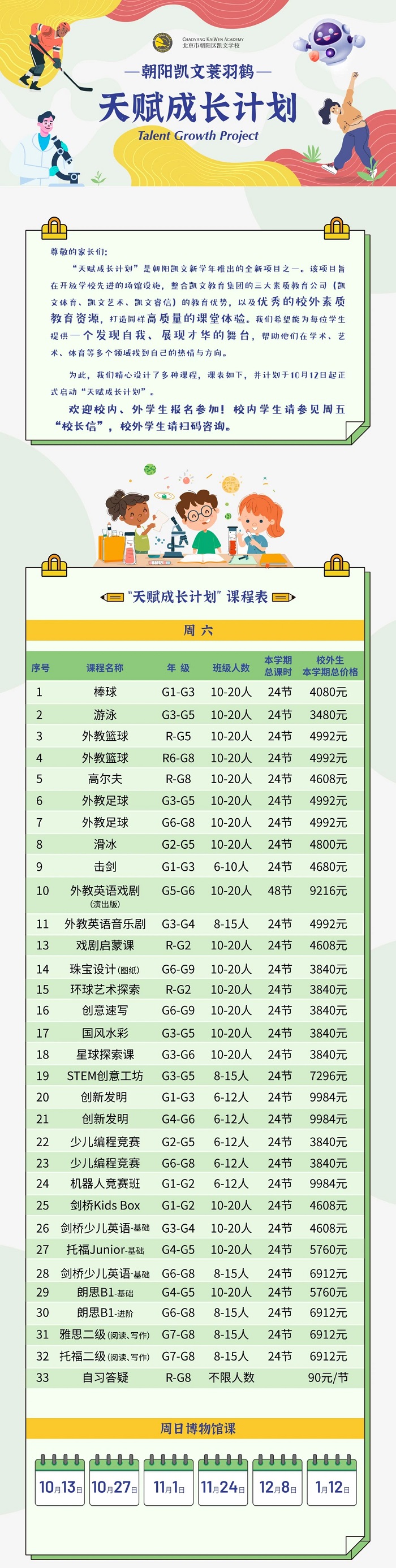 朝陽凱文天賦成長計劃課程表和收費標準