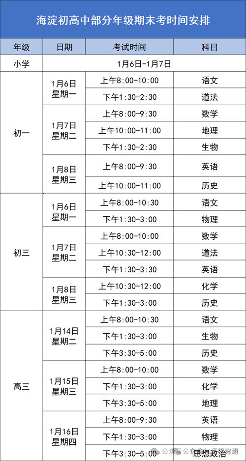 北京各區初三期末考試時間